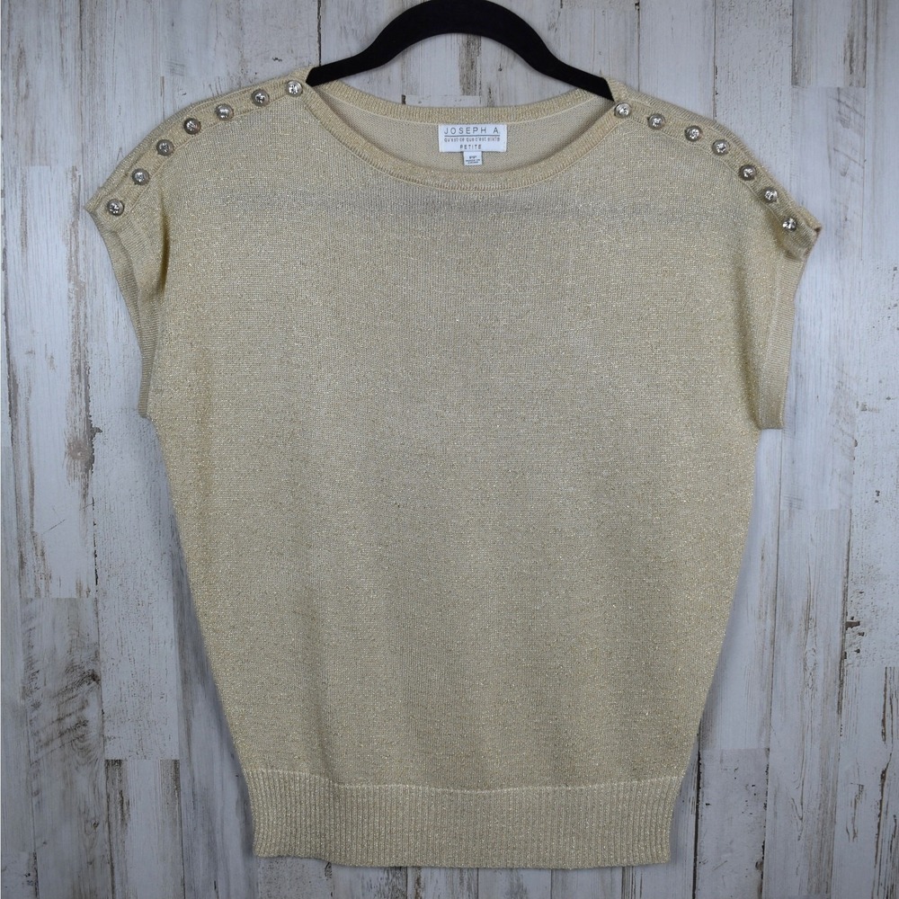 Joseph A Beige Shimmer Knit Top PXS Rhinestone Shoulder Button Party Vintage 90s